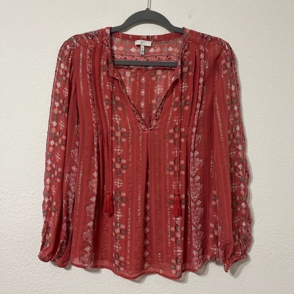 Joie Silk Boho Peasant Blouse Medium Coral Metallic Stripe Tassel Top - Picture 2 of 7